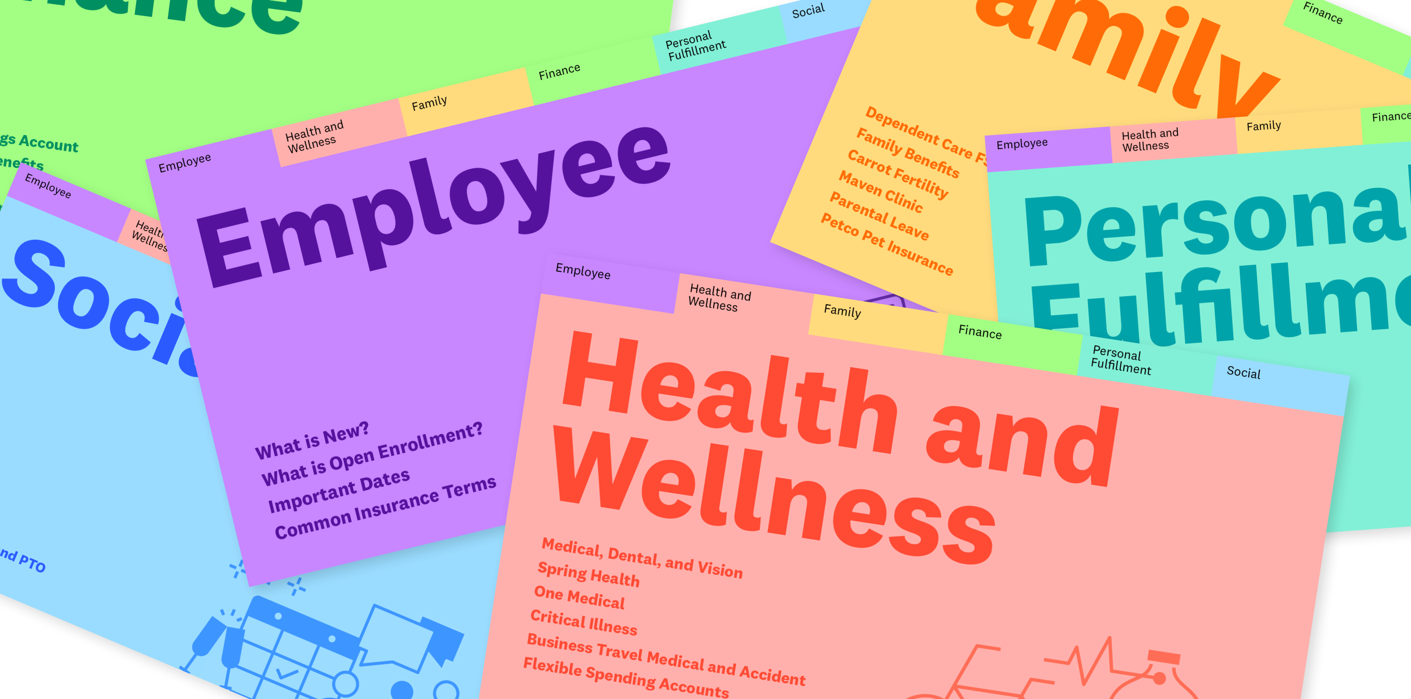 Illustration of colorful files detailing employee benefits layered on a white background.