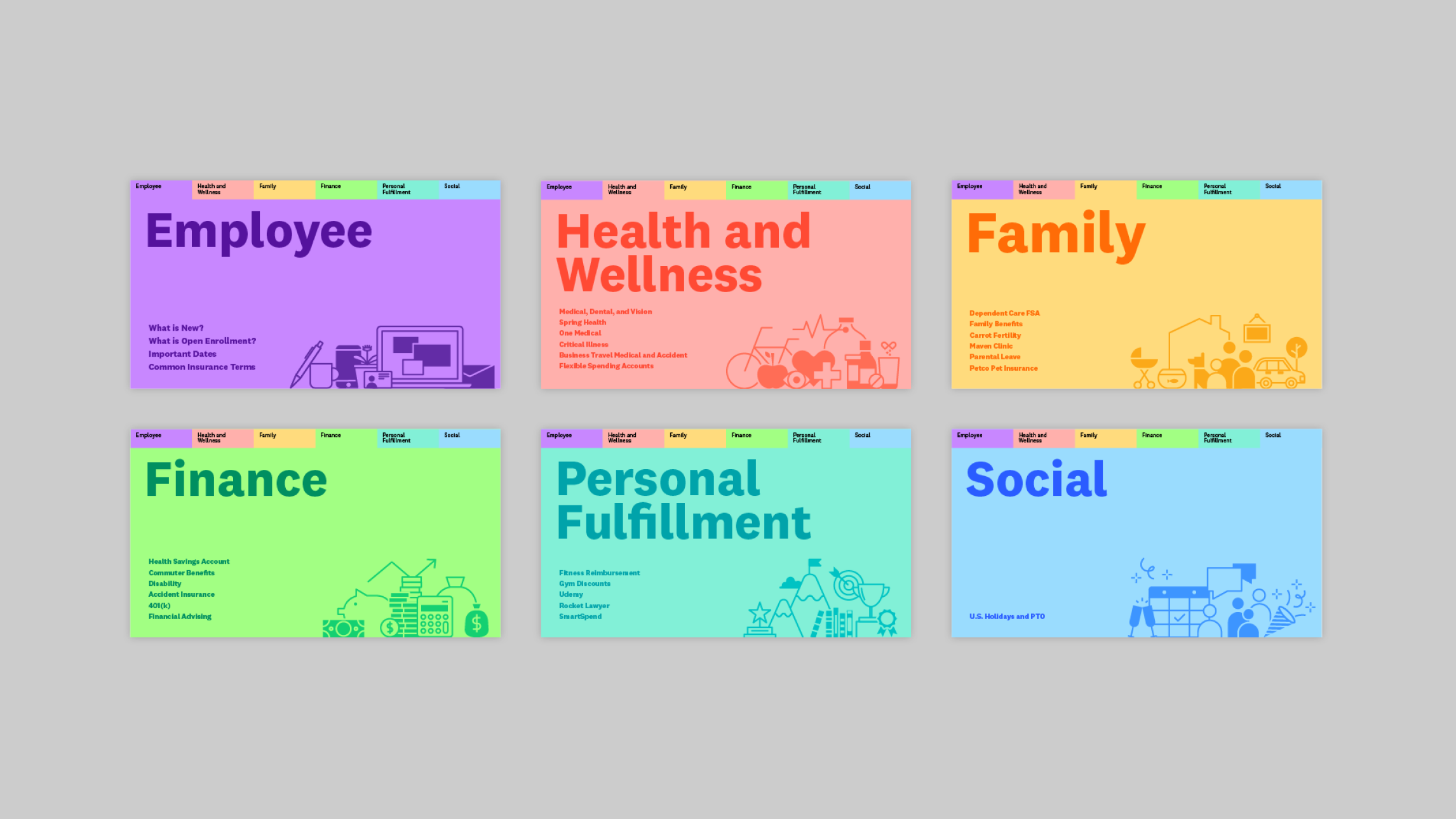 Illustrated files representative of the kinds of benefits offered to Datadog employees, each with a theme, arranged in two rows of three on a light gray background. From top left: Employee(purple), Health and Wellness(peach), Family(orange), Finanace(green), Personal Fulfillment(teal), Social(blue).