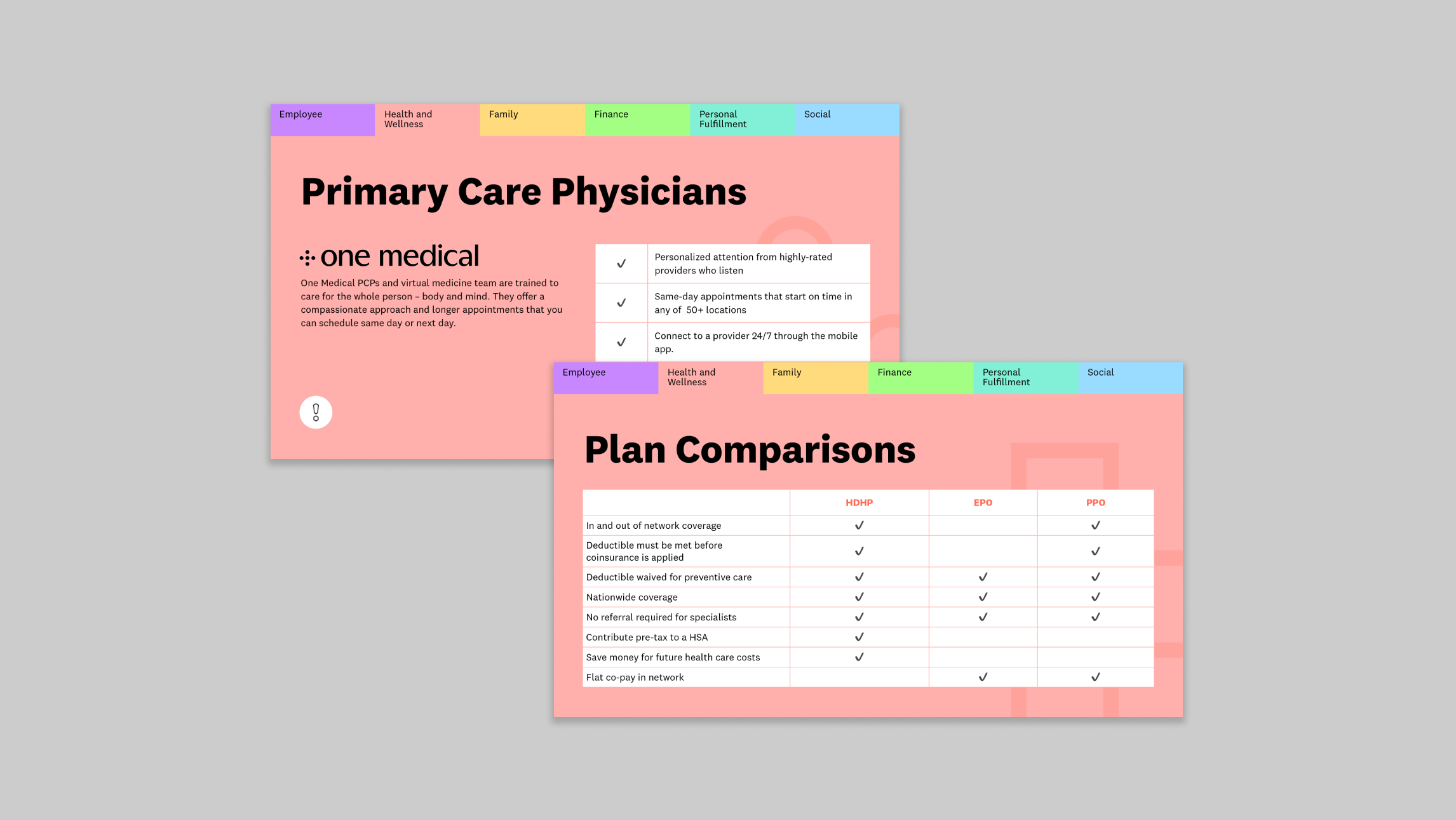 Two slides from the Datadog Benefits slide deck are layered on a light gray background. The two slides featured highlight Health and Wellness benefits, providing information about primary care physician options and a chart comparing health insurance coverage by plan.