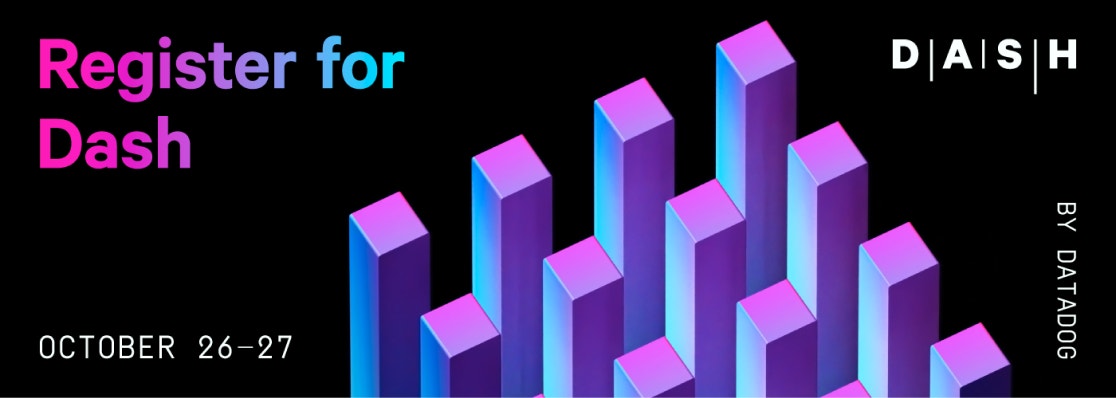 A black background with a digital rendering of 3d cuboids, positioned vertically and arranged in a square shape with 'Register for Dash' in bold lettering in the upper right hand corner. The text and shapes are a purple to blue gradient.