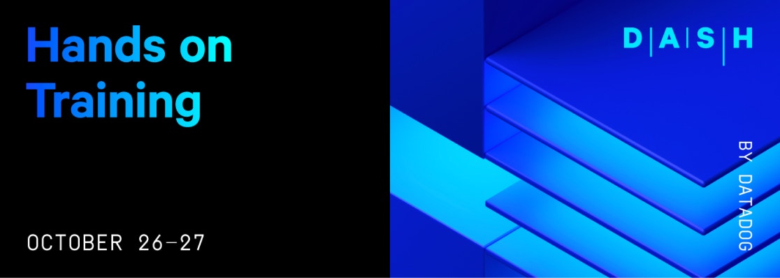 A vertically split image with 'Hands on Training' in bold, blue to aqua gradient text on a black background on the left side. On the right side a blue monochromatic background is comprised of digital renderings of sqares.