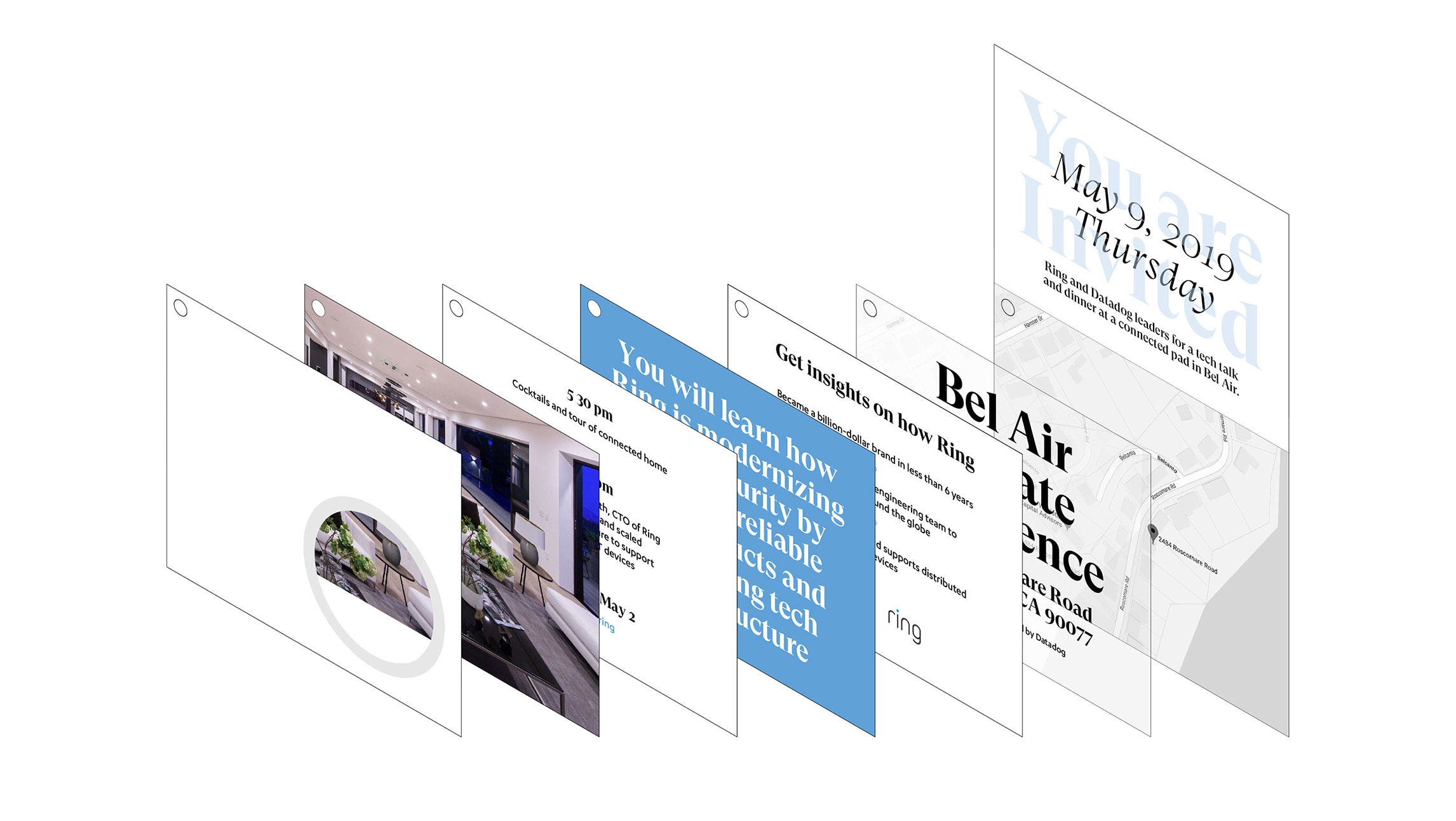 A digital rendering of the seven pages of the Datadog x Ring invitation. Bold black lettering is displayed on gray, white and blue background colors and images throughout the invitation.