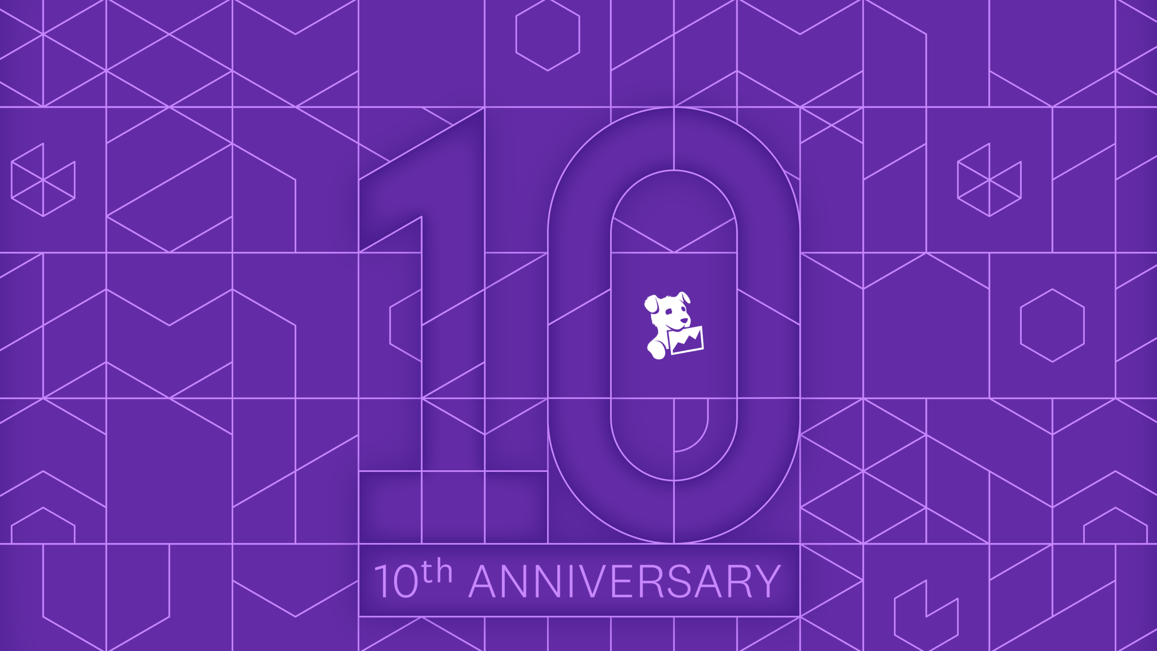 A purple digital wallpaper with many light purple lines intersecting to create a large outline of the number ten in the center. The Datadog logo in white, placed in the center of the zero and 'Tenth Anniversary' centered underneath the number ten.
