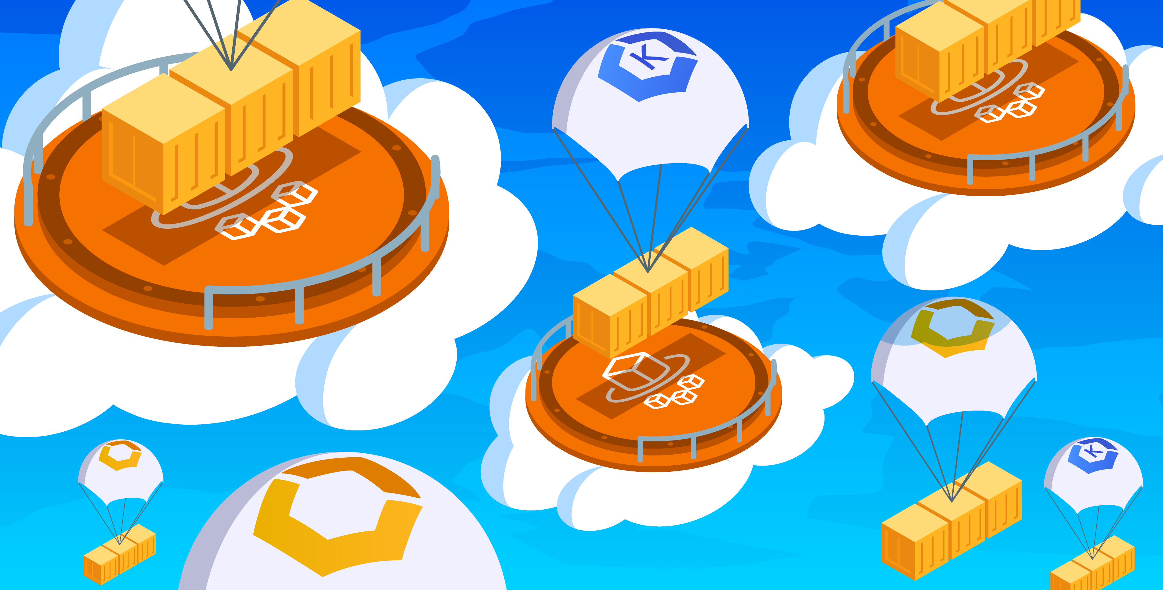 A digital illustration of orange shipping containers transported by Kubernetes and AWS branded parachutes to Docker landing pads in the sky(blue with white clouds).