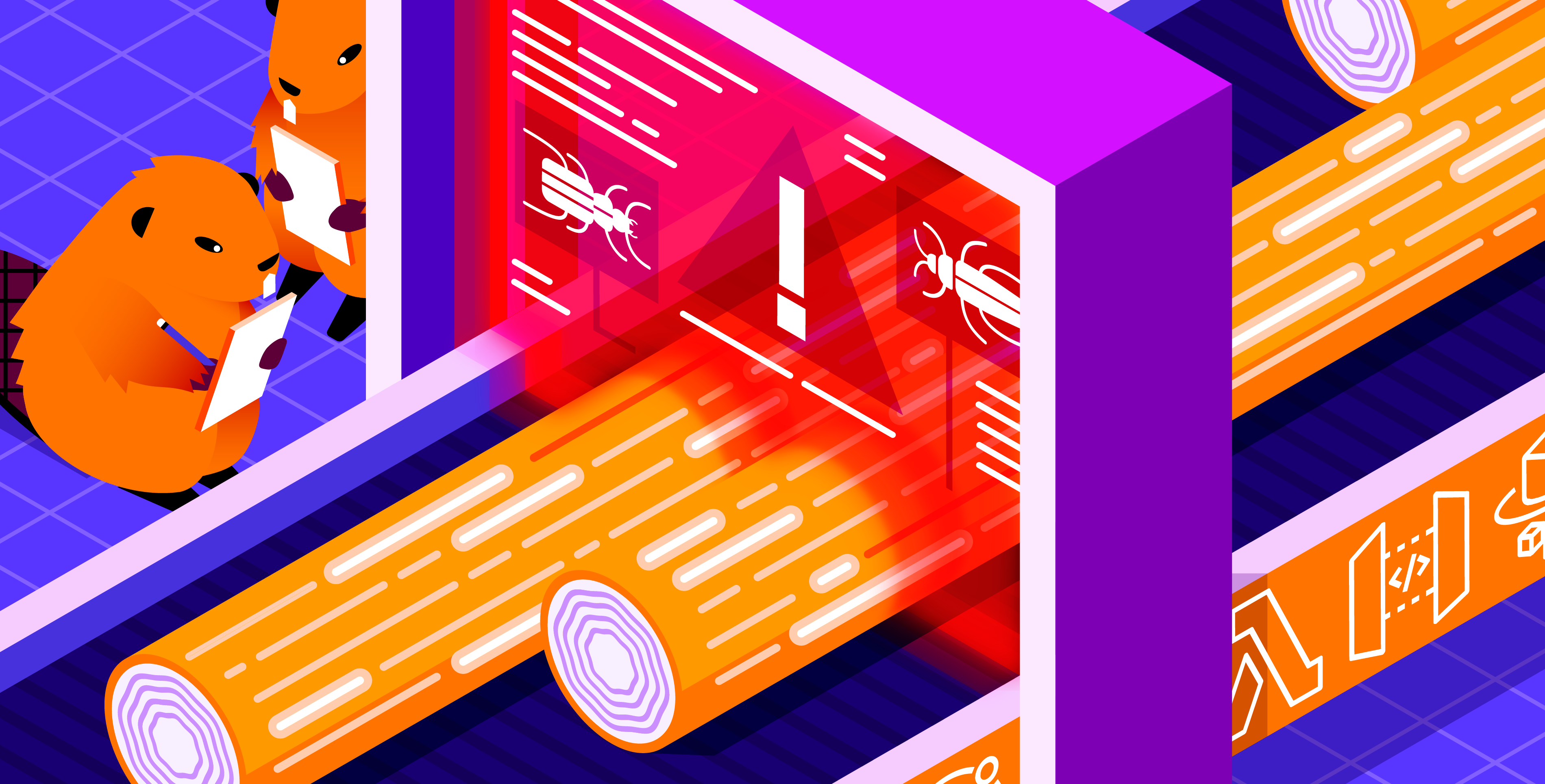 A colorful, digital rendering of log shapes(orange) being transported by a conveyer belt(orange and violet), and inspected by beavers(orange and brown) with clipboards in hand.