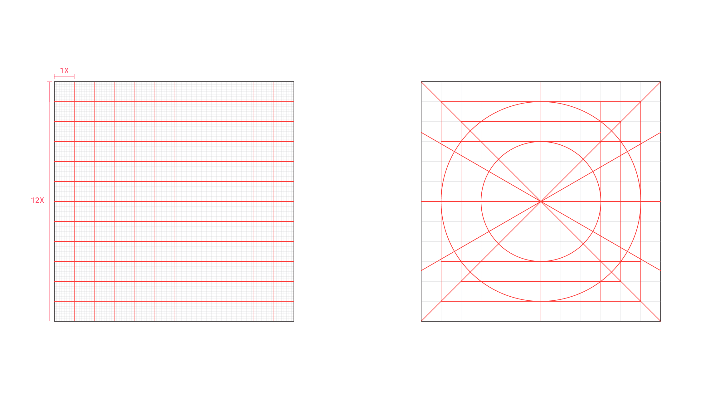 A grid that consists of twelve rows and twelve columns is displayed on the left hand side. On the right hand side, concentric circles, squares, and diagonal lines are strategically placed within a grid with the same dimensions to provide guidelines for icon creation.