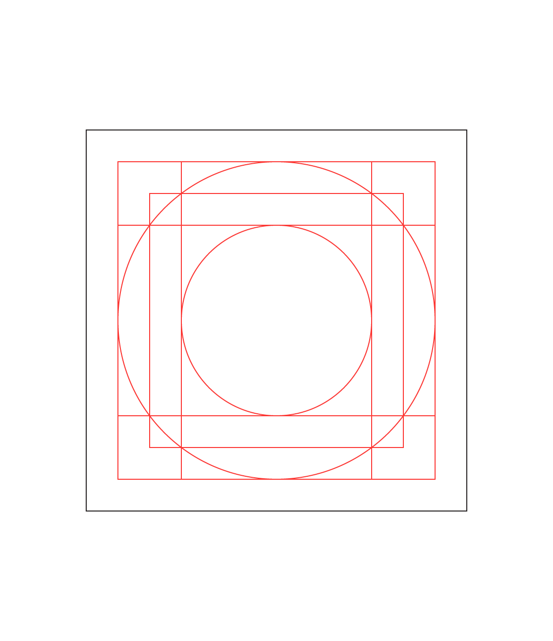 A box with the same dimensions as the grids above is rendered containing concentric circles and squares.