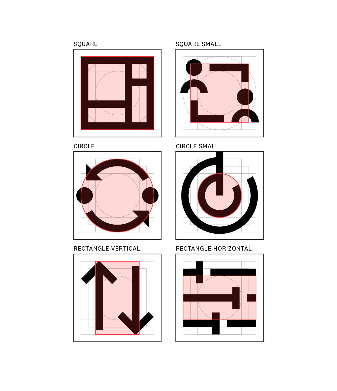Icons are placed within the previously detailed grid and arranged in three rows of two to showcase the six key shapes leveraged in the brand's icon creation. From top left: square, small square, circle, small circle, rectangle vertical, and rectangle horizontal.