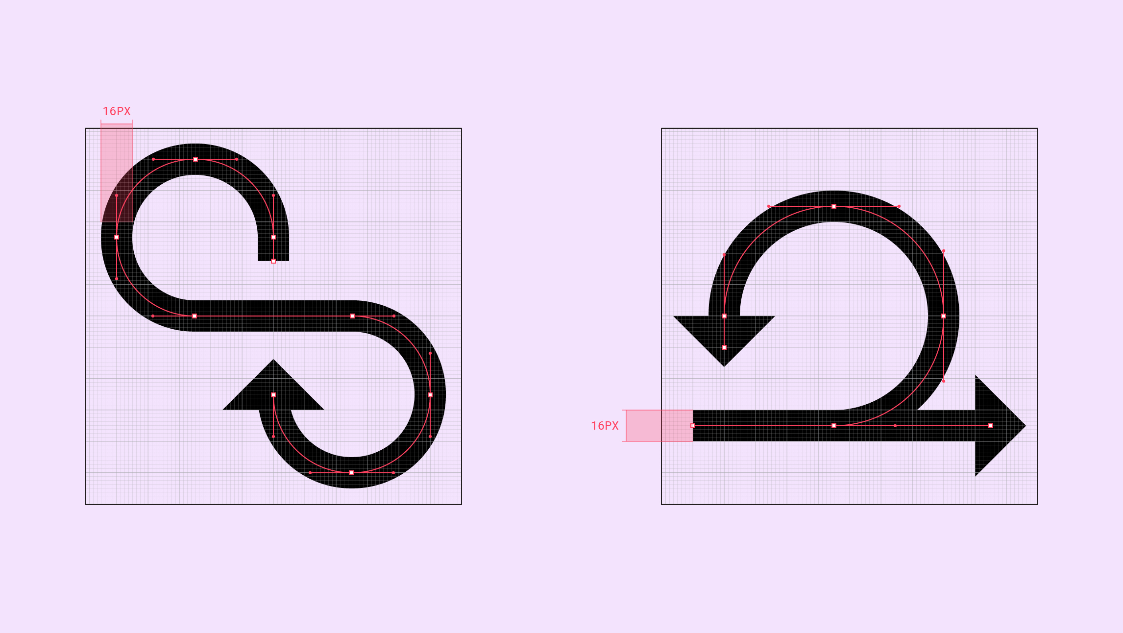 On a light purple background, two grids, each with their own icon, are placed in a row to highlight the even thickness of lines used in icon creation.