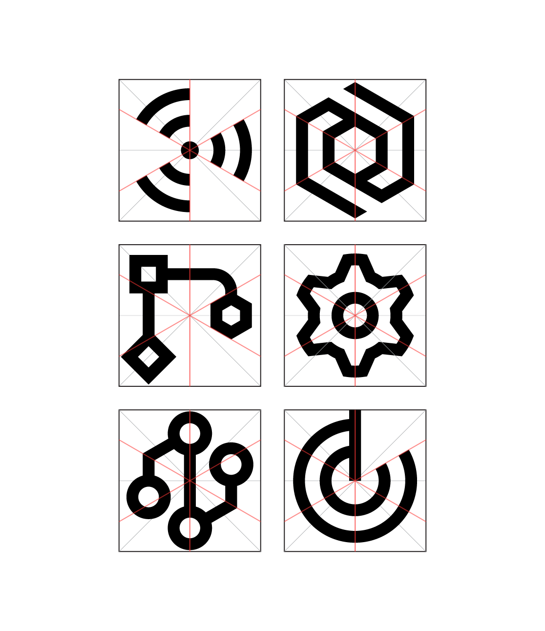 Icons are placed within the previously detailed grid and arranged in three rows of two to showcase icons that leverage the hexagonal flowlines.