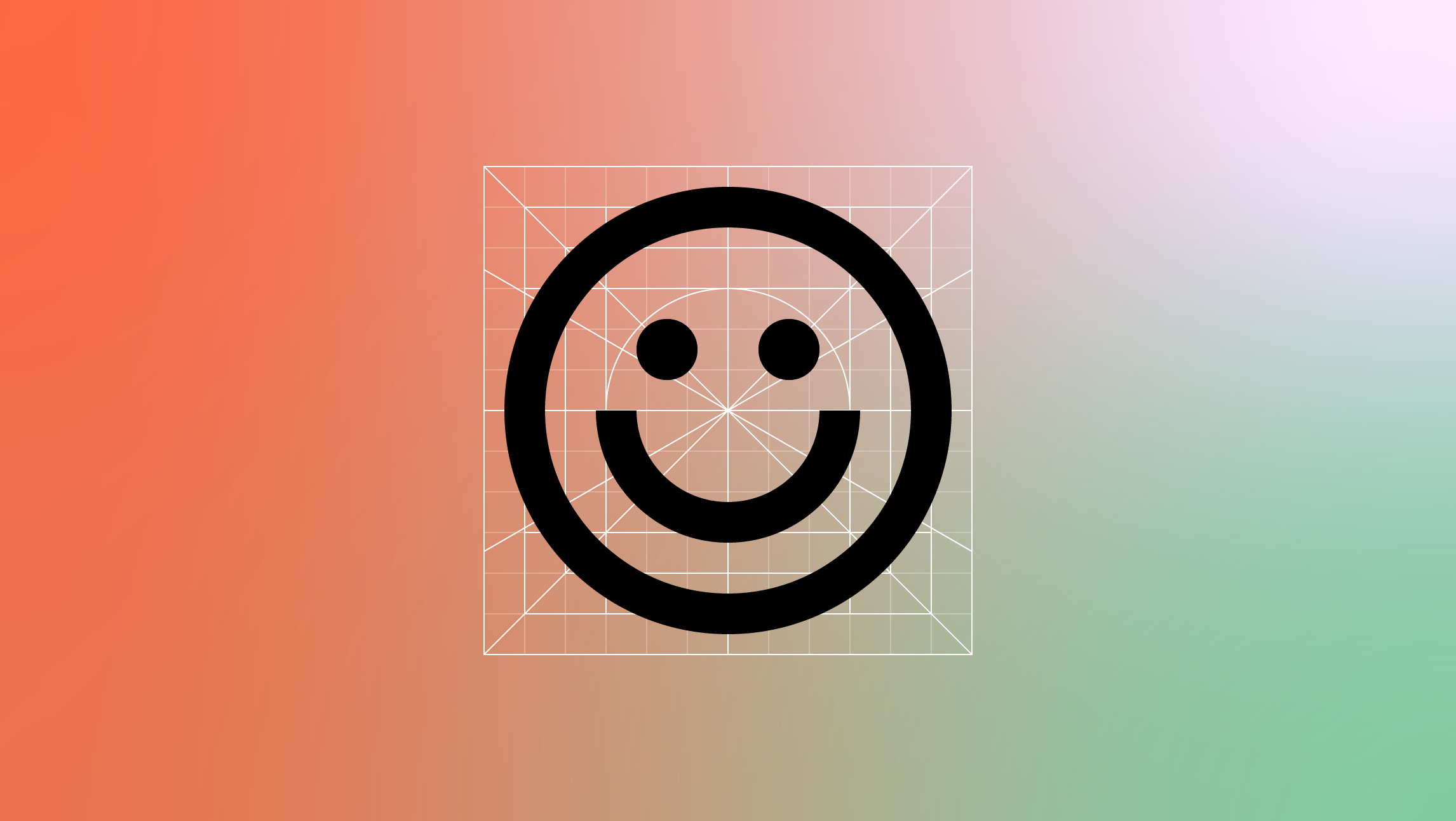 Centered on a red-orange to green and purple gradient background, a large, smiley face icon, following the icon creation guidelines is displayed.