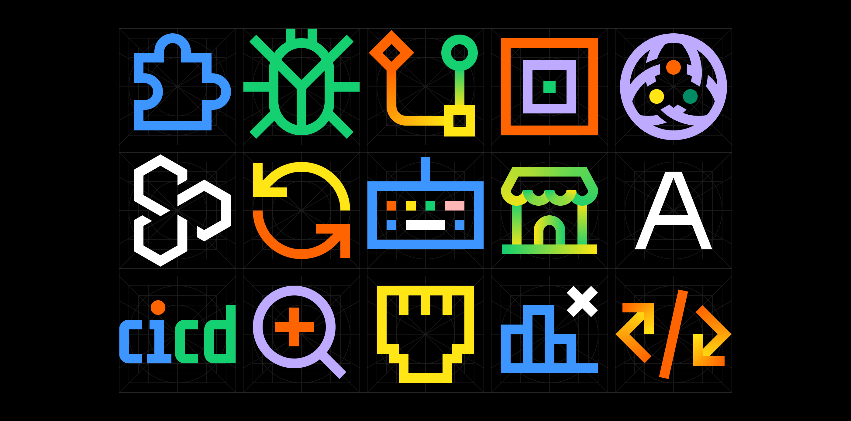 Snapshot of mono weight, simple, colorful icons arranged in a grid on a black background.