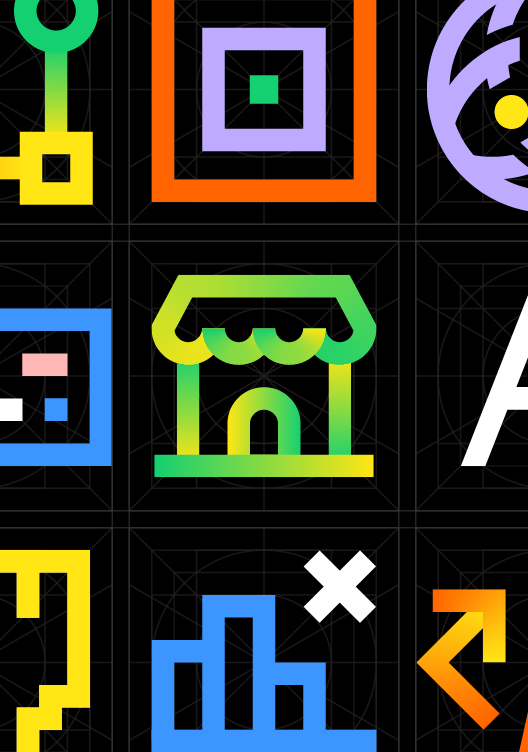 Snapshot of mono weight, simple, colorful icons arranged in a grid on a black background.