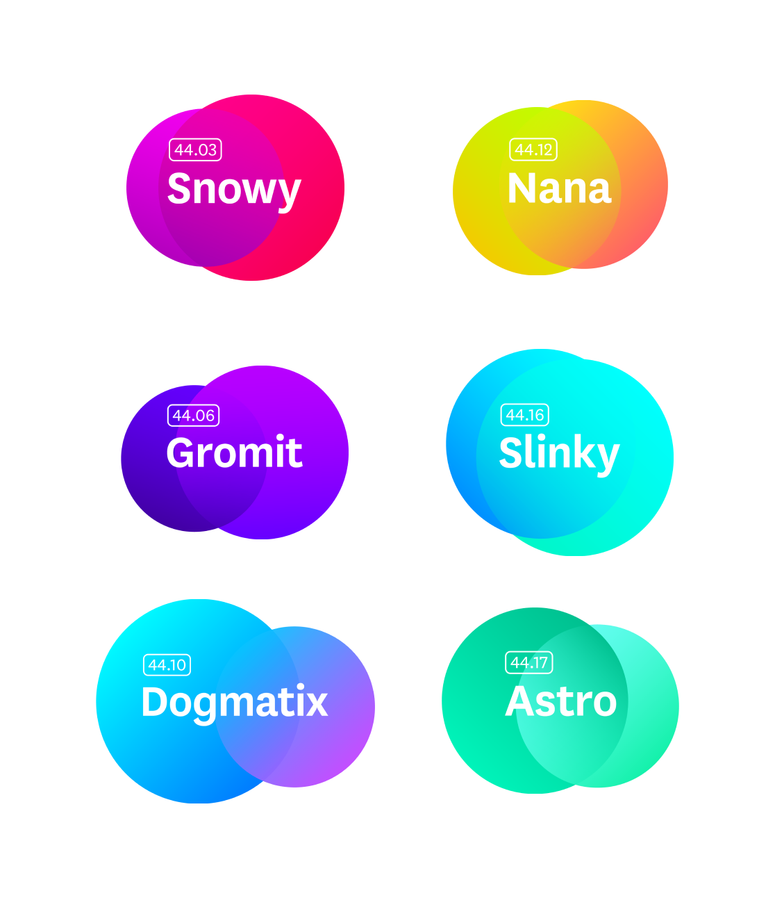 Six conference room signs arranged in three rows of two on a light gray background. Each of the signs is comprised of two brightly colored circles of slightly different sizes overlapped and the conference room name in bold lettering printed in the middle of the resulting shape. From top left to bottom right: Snowy(purple and magenta), Nana(yellow and orange), Gromit(violet and purple), Slinky(blue and cyan), Dogmatix(cyan and lilac), and Astro(green and blue-green).