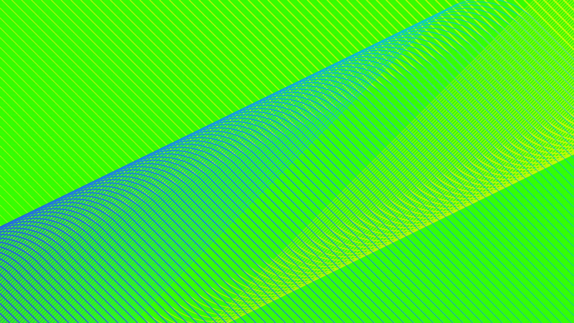A digital rendering of blue parallel lines and yellow parallel lines that bend and curve over a lime green background.