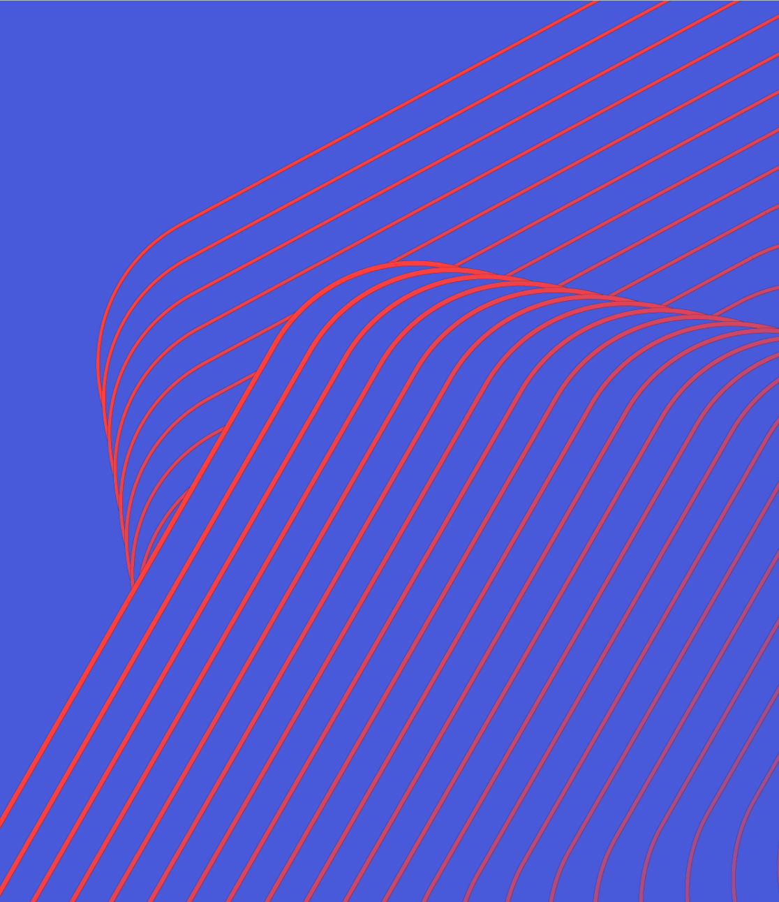A digital rendering of red parallel lines that bend and curve over an indigo background.