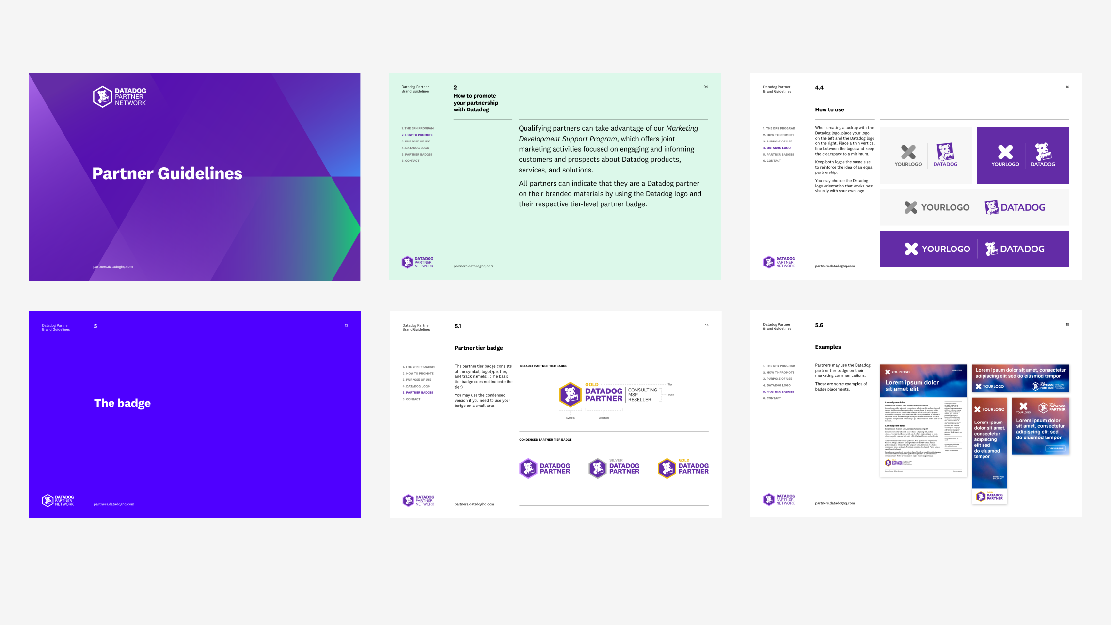 Six screencaptures taken from the Datadog Partner Network website arranged in two rows of three on a light gray background.