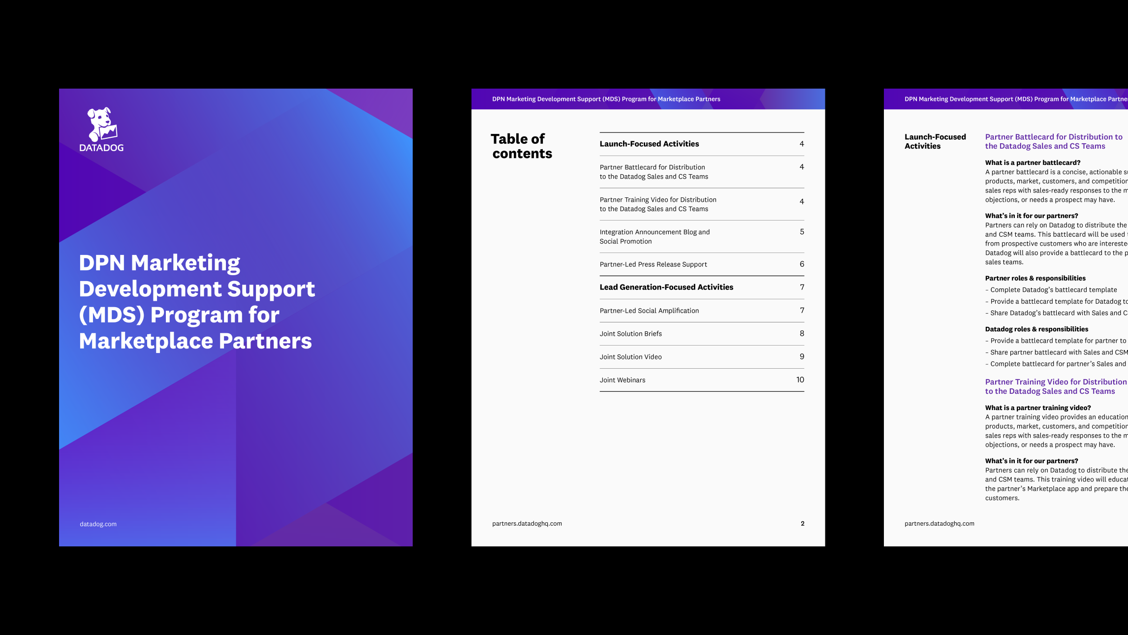 Three pages of a Datadog Partner Network pdf file arranged in a row on a black background. The cover page is blue and purple and plays on the overlapping hexagon shape theme with the title in bold white text in the center of the page. The two detail pages remain consistent with the DPN branding with a border across the top of the page adapted from the overlapping purple and blue hexagon background.