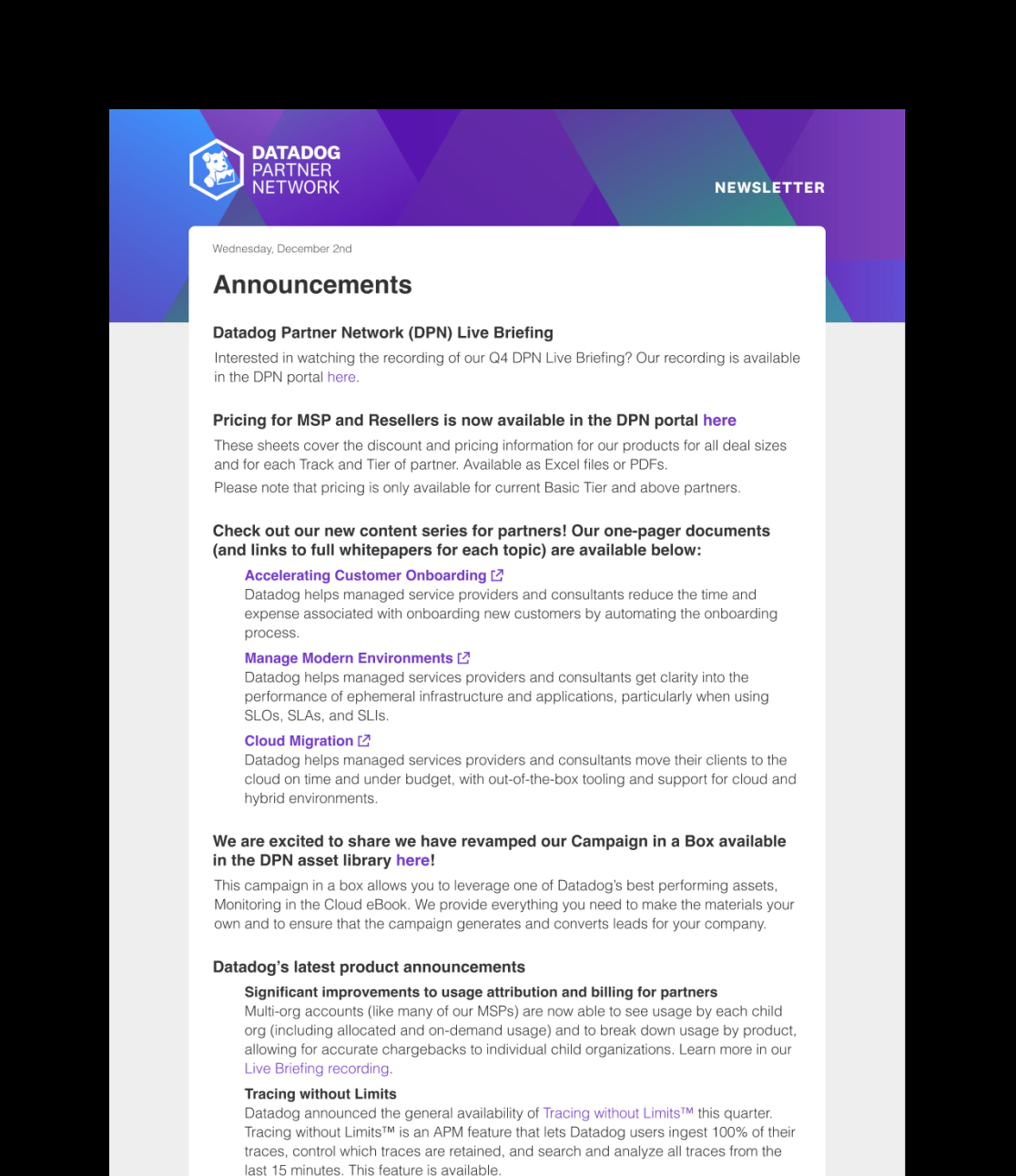 A screencapture of the Datadog Partner Directory email newsletter on a black background. The background image of the header scetion also utilizing the blue, purple and green overlapping hexagons imagery.