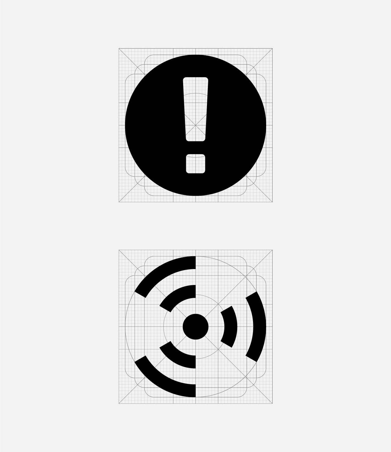 The Monitors and Incidents icons arranged vertically, each centered within their own grid, on a light gray background. The monitors icon is a black circle with negative space that creates an exclamation point. The Incidents icon consists of a small circle surrounded by concentric semicircles.