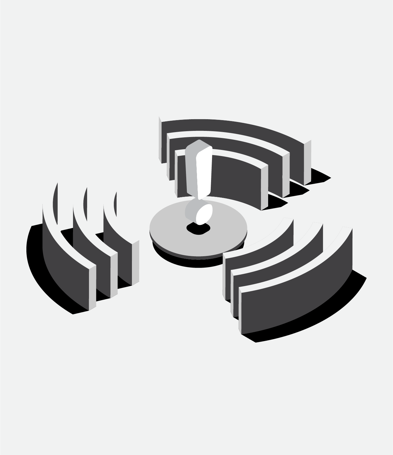 The 3d version of the Monitoring and Incidents icons converge, with the 3d exclamation point in the middle of the 3d concentric semicircles. Highlights and shadows are also introduced in this step. This will become the Incident Management illustration.