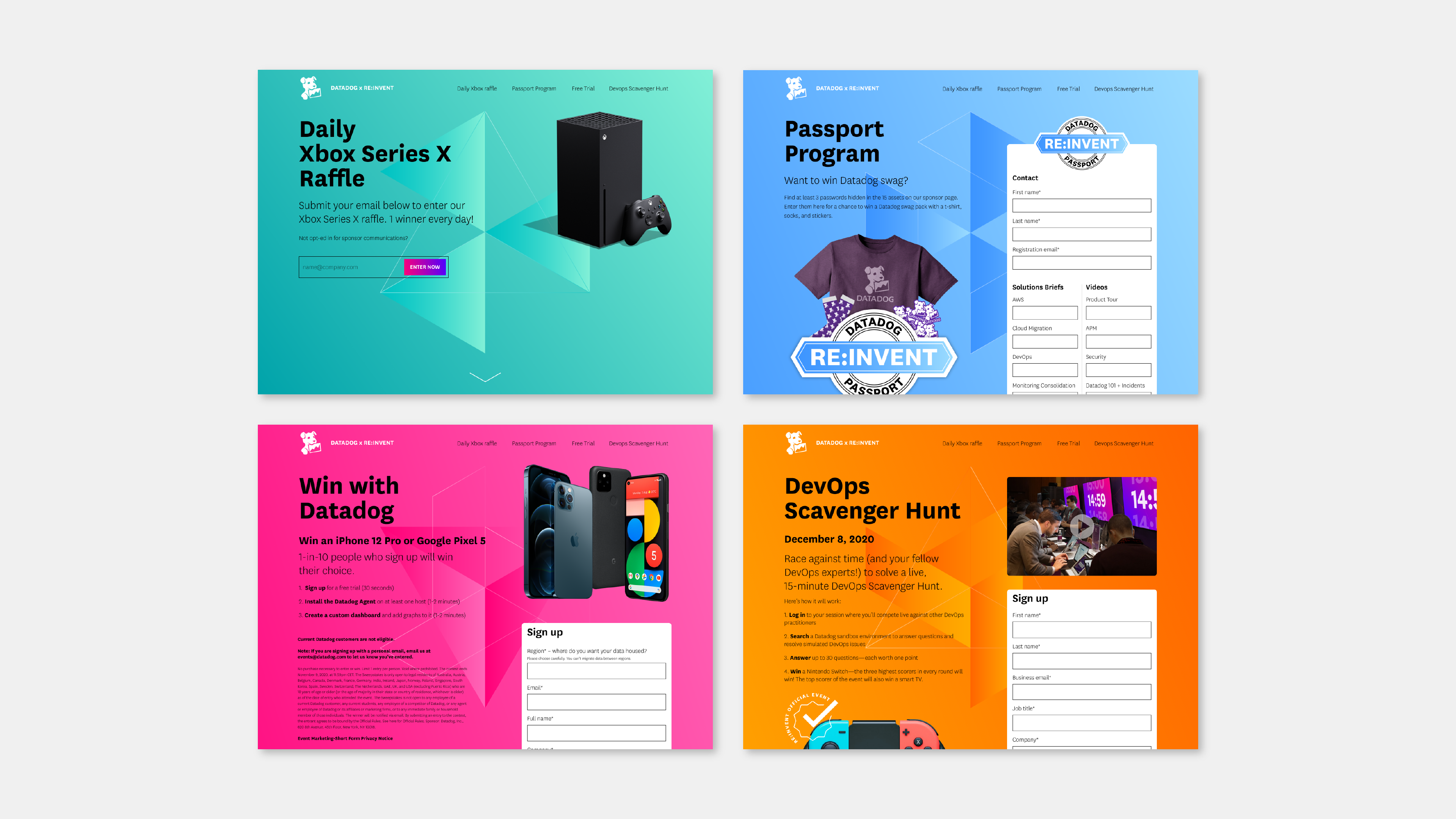 Four screencaptures of Datadog at AWS re:Invent 2020 registration landing pages. Arranged in two rows of two, the four pages share the hexagonal shape motif and bold lettering to display information and forms that are page specific. From top left to bottom right: the Daily Xbox Series X Raffle registration page(blue-green), the Passport Program(blue), the Win With Datadog raffle registration page(bright pink), and the DevOps Scavenger Hunt registration page(orange).
