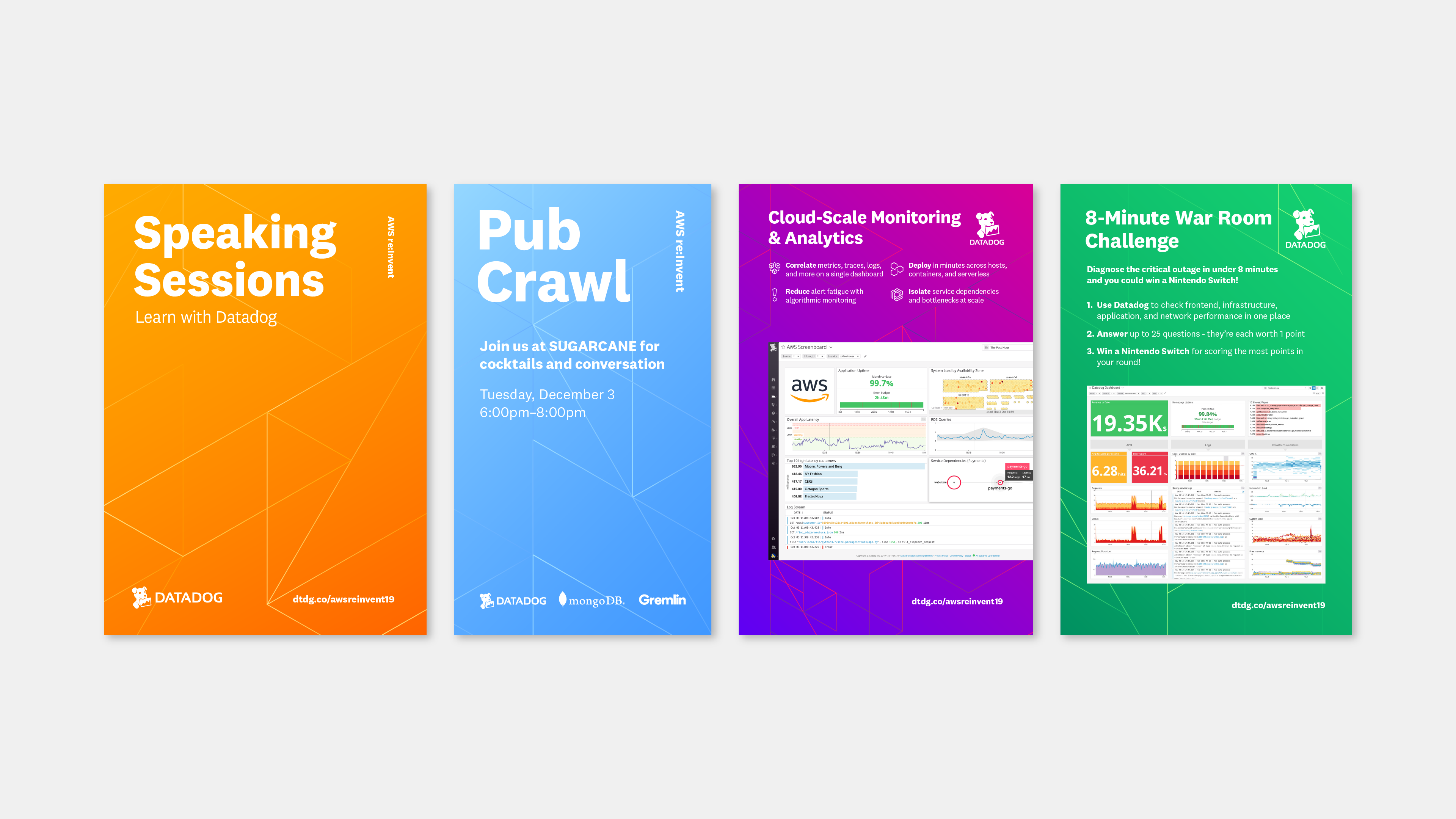 Four screencaptures of event landing pages as seen on mobile devices on a light gray background. Arranged in one row, the landing pages share the hexagonal shape motif, brightly colored backgrounds, and bold lettering to display event specific information. From left to right: Speaking Sessions(orange gradient), Pub Crawl(light blue gradient), Cloud Scale Monitoring and Analytics(purple to pink gradient), and 8-minute War Room challenge(green gradient).