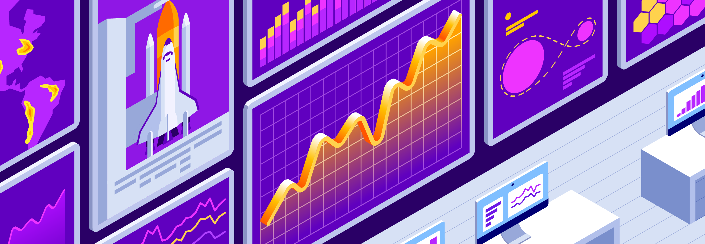 A widescreen digital illustration of desks(white) and monitors(white with purple, blue, and white charts and graphs displayed on their screens), facing a daark purple wall, filled with charts, heatmaps, and diagrams all in purple and orange with gray borders.