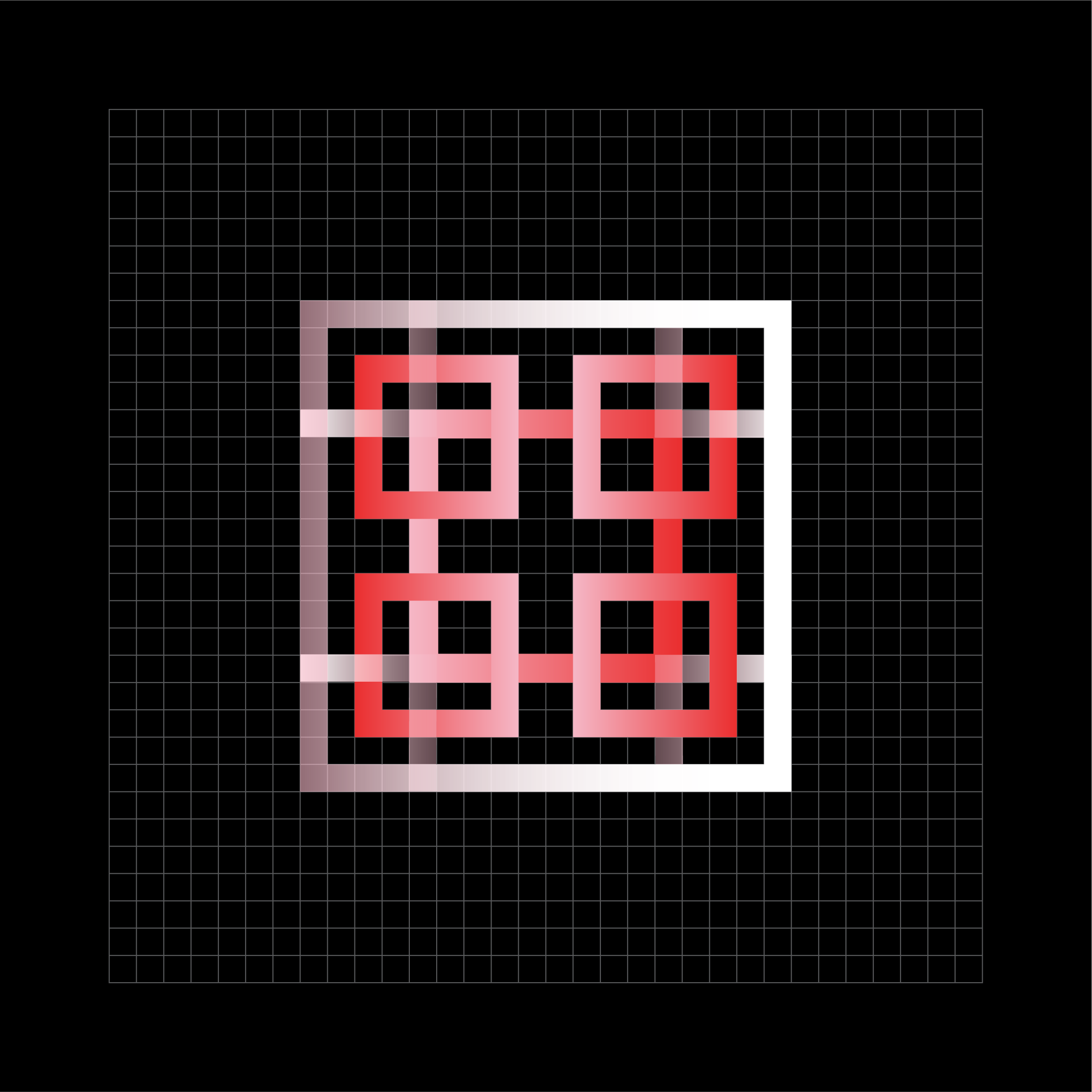 A digital rendering of a shape comprised of a large white square with four smaller red squares on the inside four corners of the larger square with additional lines weaving through the shape along the outside edges. The shape is placed within a grid on a black background.