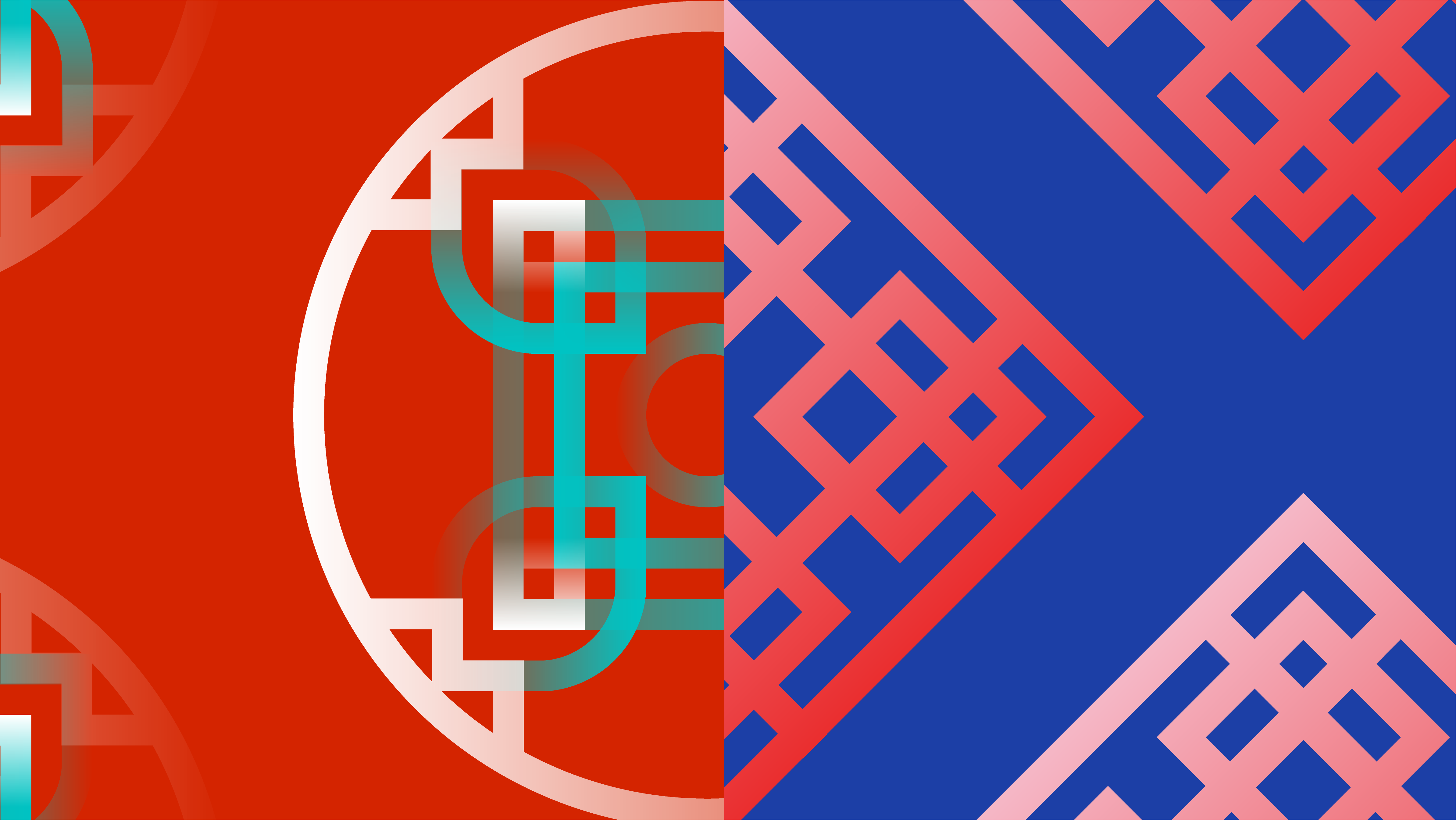 A split digital image with the emblem used for the Japan Summit enlarged and repeated on a red background on the left and the emblem used for the South Korea Summit enlarged and repeated on a blue background.