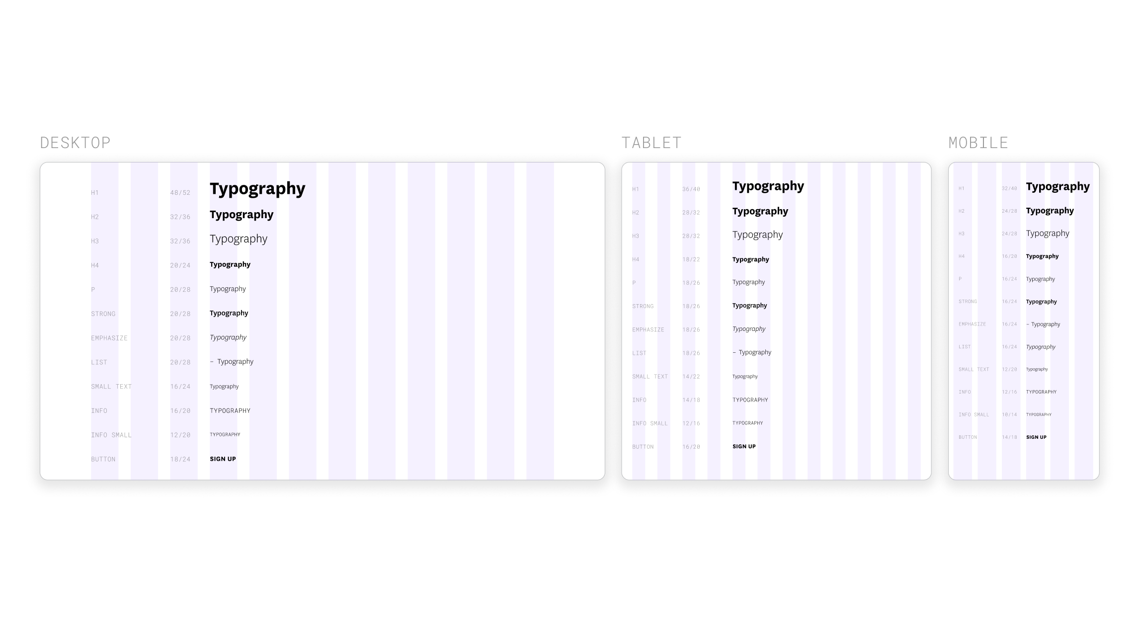 Three screencaptures, representative of desktop, tablet, and mobile devices, displaying the landing page font styles.