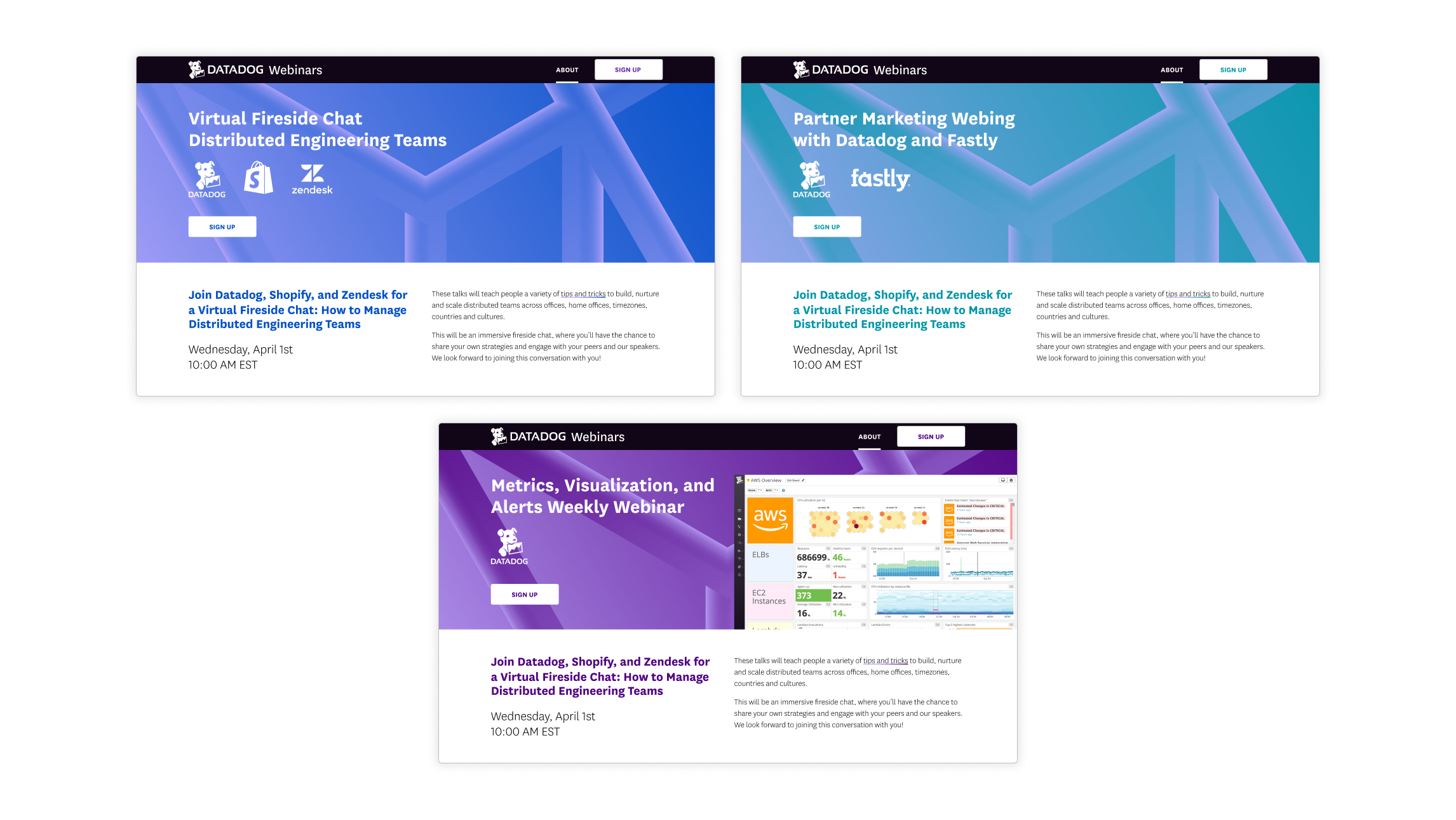 Three screencaptures of event registration pages that share consistent layout, theming, and imagery.
