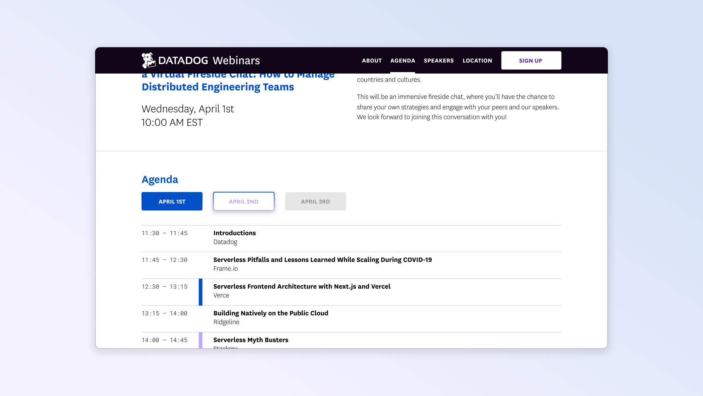 A screencapture taken from the desktop view of a webinar registration page to showcase button styling, colors, and an agenda section in the context of an event landing page.