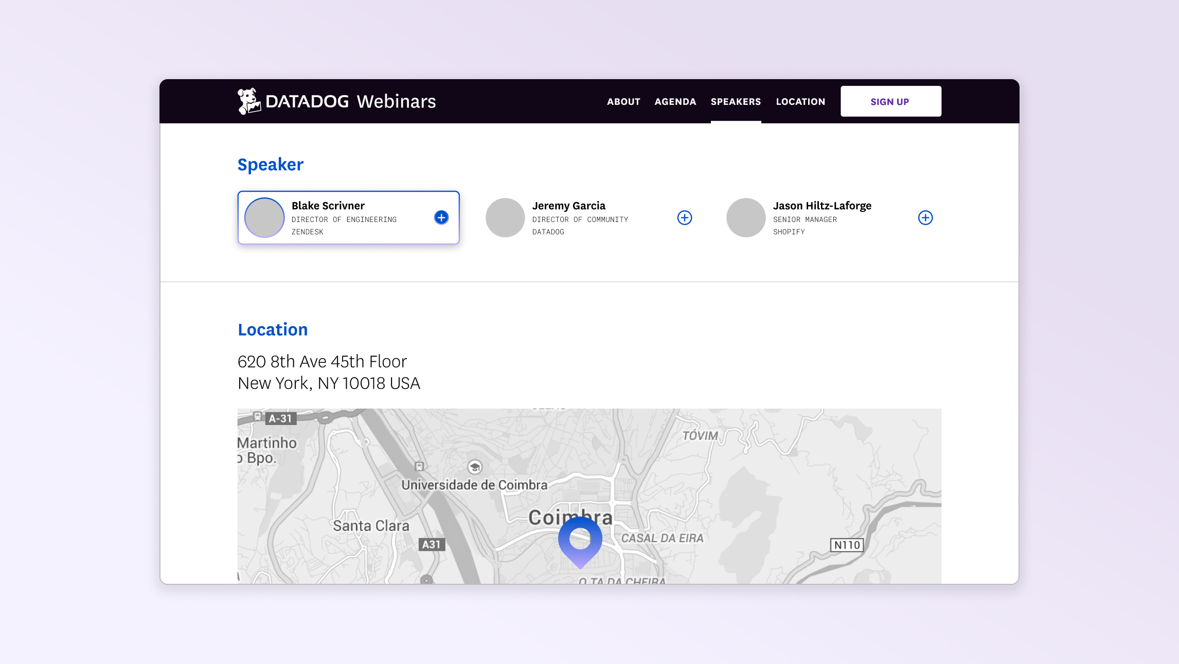 A screencapture of a speaker section, displaying speaker information and headshots in a row, above a location section, displaying the event location address and a map of the location.
