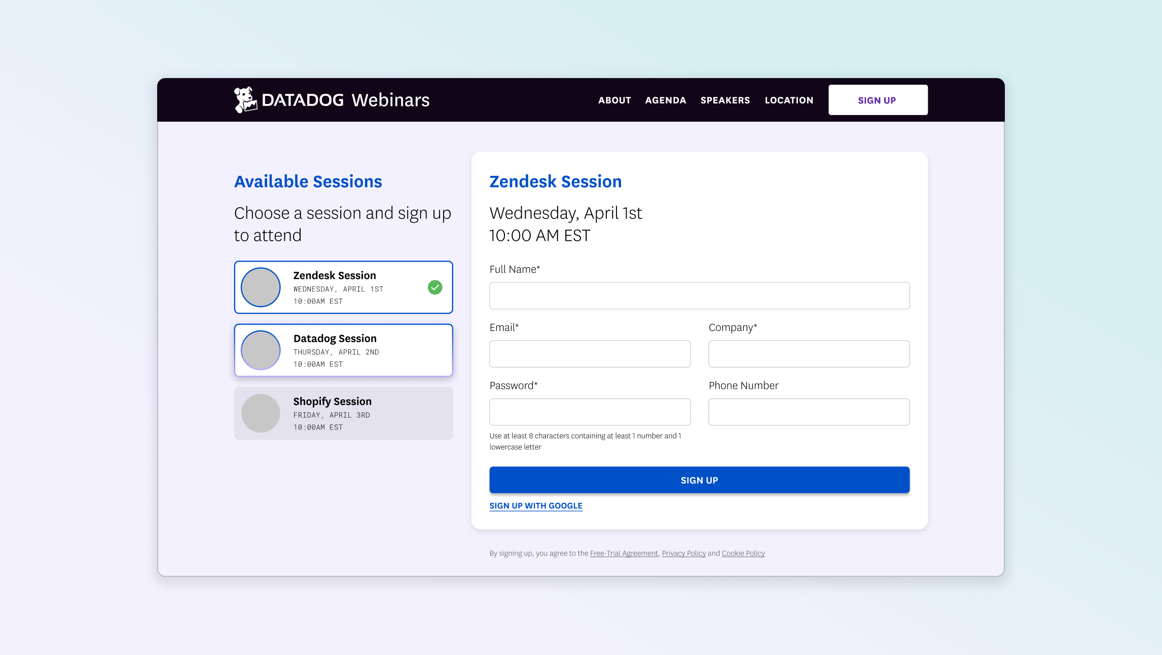 A screencapture of a sign up form on an event registration page on a a light purple to light blue gradient background.